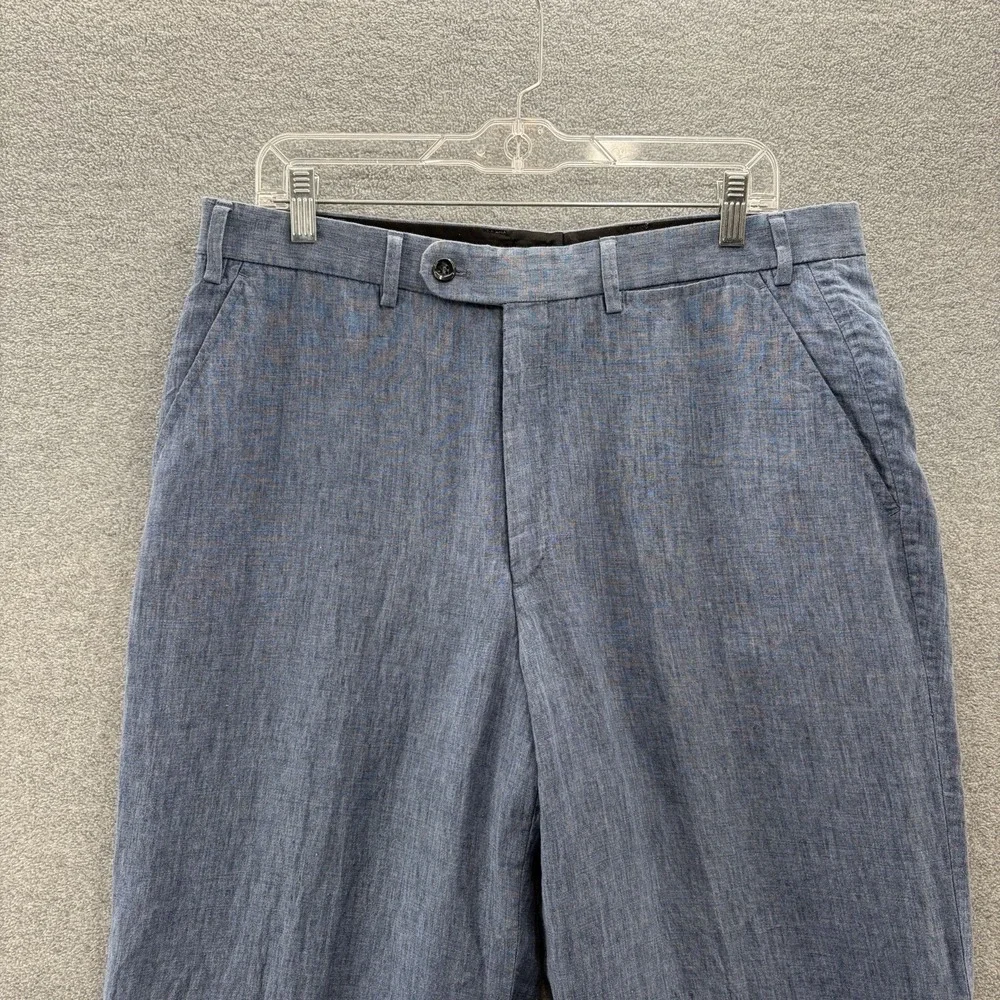 Hiltl Pants Mens 35x38 Blue Linen Dress Trousers Lightweight Unfinished Hem